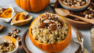 Uma receita assada, nutritiva e cheia de textura — perfeita para impressionar sem sair da linha natural Essa abóbora recheada é um prato completo: combina o sabor adocicado da abóbora assada com um recheio de quinoa cremosa, vegetais refogados e castanhas crocantes. Rica em fibras, proteína vegetal e com aquele visual lindo que brilha em qualquer mesa.