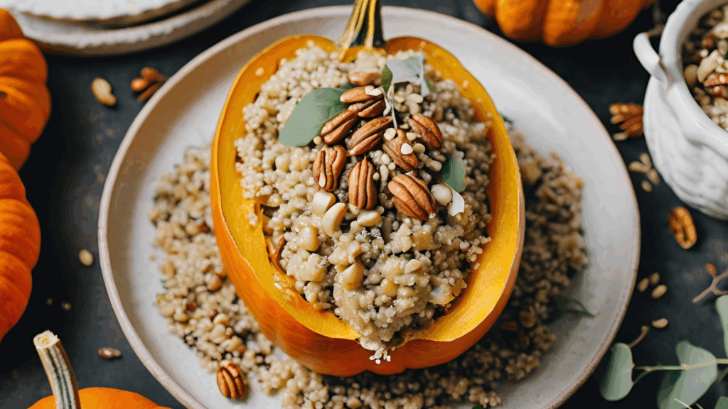 Abóbora Recheada com Quinoa Cremosa e Castanhas (Plant-Based) 1 Uma receita assada, nutritiva e cheia de textura — perfeita para impressionar sem sair da linha natural Essa abóbora recheada é um prato completo: combina o sabor adocicado da abóbora assada com um recheio de quinoa cremosa, vegetais refogados e castanhas crocantes. Rica em fibras, proteína vegetal e com aquele visual lindo que brilha em qualquer mesa.