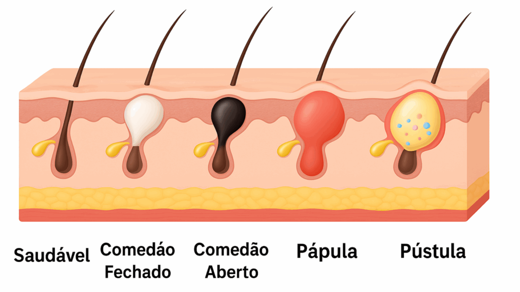 Acne e Alimentação: Existe uma Relação? 1 A acne é mediada por hormônios. Com o início da puberdade, o hormônio androgênio ativa as glândulas sebáceas nos poros. Uma bactéria chamada Propionibacterium acnes vive nos poros. À medida que bactérias e óleo proliferam, podem se misturar com células mortas da pele, obstruindo os poros ou criando inflamação. As áreas do corpo com mais glândulas sebáceas — rosto, pescoço, peito, ombros e costas — são as mais afetadas.
