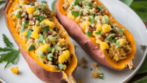 Uma explosão tropical de sabores e texturas em uma refeição nutritiva e funcional Estas batatas-doces assadas são recheadas com um purê cremoso temperado com especiarias e finalizadas com uma refrescante salsa de manga e feijão-preto. Uma combinação perfeita de sabores doces, picantes e cítricos, ideal para uma refeição completa e equilibrada.