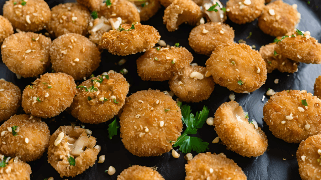Cogumelos Empanados Plant-Based com Vinagrete de Balsâmico Branco 1 Um aperitivo crocante e aromático, perfeito para impressionar em qualquer ocasião Estes cogumelos empanados são marinados em um vinagrete de balsâmico branco com mostarda Dijon, proporcionando um sabor intenso e sofisticado. A crosta crocante de panko integral contrasta com a maciez dos cogumelos, tornando este petisco uma opção irresistível e funcional para entradas ou lanches.