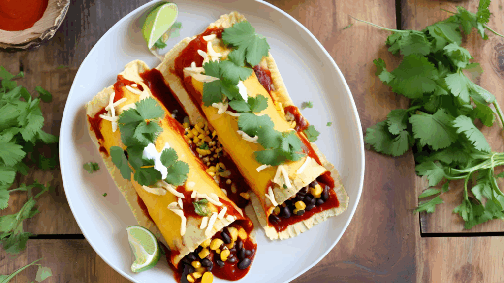 Enchiladas Plant-Based com Recheio de "Frango", Feijão Preto e Milho 1 Estas enchiladas plant-based combinam uma mistura saborosa de "frango" à base de plantas, feijão preto e milho, envoltos em tortillas macias e cobertos com um molho de enchilada rico e queijo vegetal derretido. Uma refeição reconfortante e nutritiva para qualquer ocasião.
