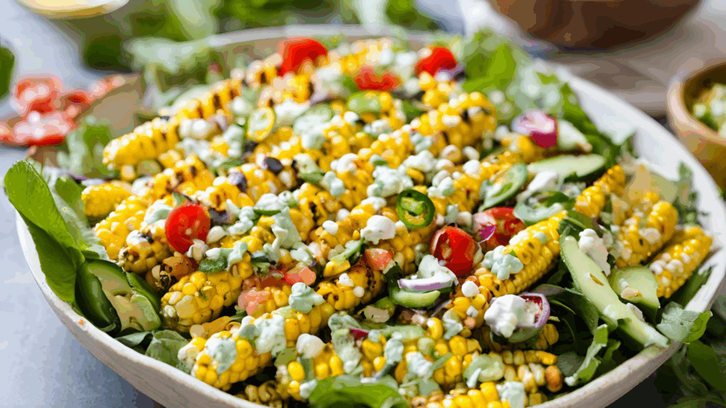 Salada de Milho Grelhado com Molho de Jalapeño 1 Esta salada de milho grelhado é uma explosão de sabores e texturas, perfeita para dias quentes ou como acompanhamento em churrascos veganos. O milho doce grelhado combina perfeitamente com o molho picante de jalapeño, criando uma experiência gastronômica inesquecível. Uma opção vegana, sem glúten e cheia de sabor.