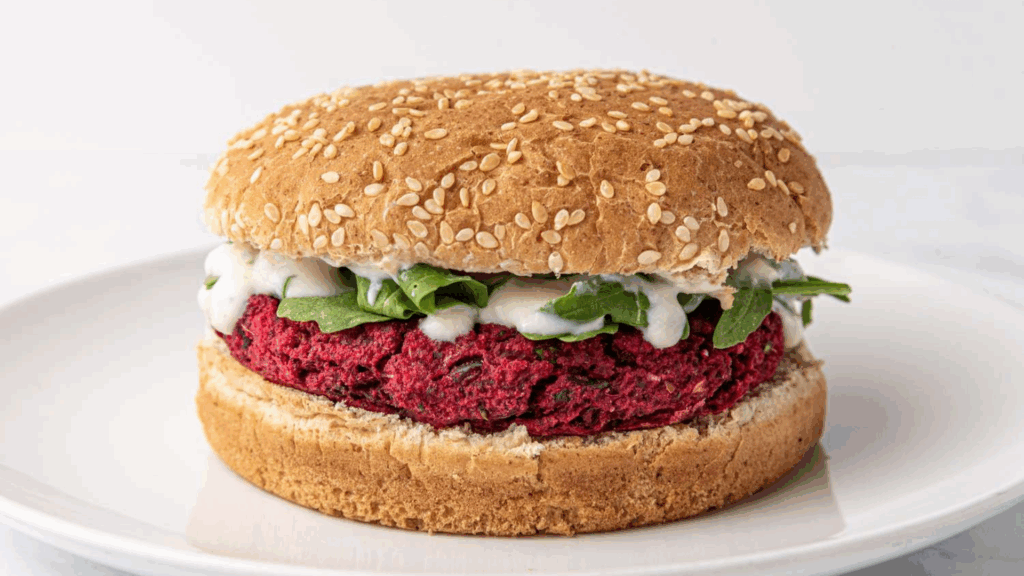Hambúrguer Plant-Based de Grão-de-Bico com Beterraba e Aveia 1 Um hambúrguer plant-based nutritivo, colorido e cheio de sabor para refeições leves e funcionais Esse hambúrguer é a escolha perfeita pra quem quer fugir das versões industrializadas e trazer mais nutrientes, fibras e proteína vegetal pra rotina. A beterraba dá cor e leve adocicado, o grão-de-bico traz textura e saciedade, e a aveia ajuda a manter tudo unido — sem precisar de ovos ou farinha refinada.