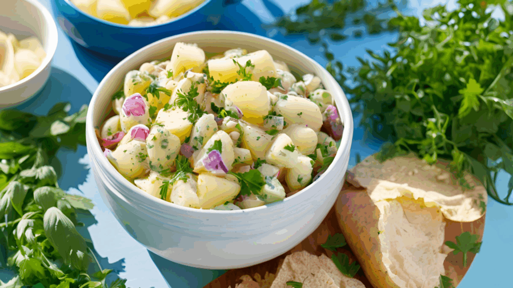 Salada de Batata com Vinagrete de Ervas e Feijão Branco 1 Esta salada de batata é uma combinação perfeita de sabores e texturas, ideal para uma refeição leve e nutritiva. As batatas novas são combinadas com feijão branco, pepino crocante e agrião fresco, tudo envolvido em um cremoso vinagrete de tahine e ervas frescas. Uma opção vegana deliciosa e rica em fibras, perfeita para qualquer ocasião.