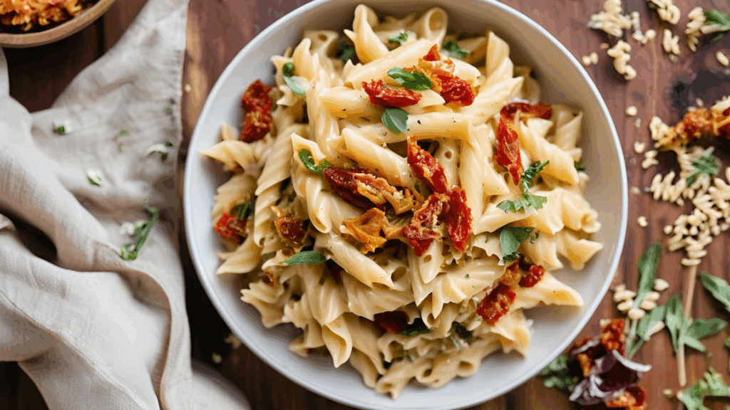 Macarrão Cremoso com Legumes e Tomate Seco (Plant-Based) 1 Uma releitura funcional do clássico mac and cheese Este prato combina a cremosidade de um molho à base de castanhas e cenoura com a textura dos legumes assados e o sabor intenso do tomate seco. Uma opção nutritiva e reconfortante para refeições práticas e saudáveis.