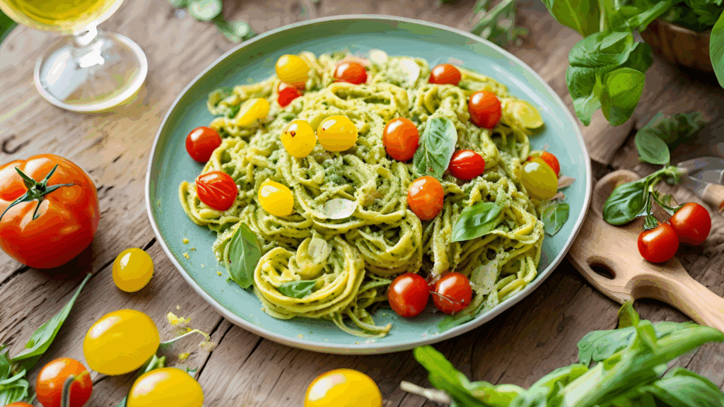Macarrão com Pesto de Manjericão e Alho-Poró, Tomate Cereja e Abobrinha (Plant-Based) 1 Uma explosão de sabores frescos e funcionais em um prato leve e nutritivo Este prato combina a cremosidade do pesto de manjericão e alho-poró com a leveza do macarrão integral, enriquecido por legumes grelhados como tomate cereja e abobrinha. Uma opção perfeita para refeições práticas e saudáveis.