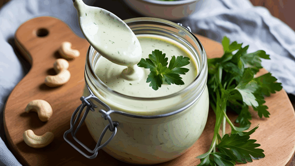 Molho de Castanha de Caju com Ervas Frescas (Plant-Based e Cremoso) 1 Se você está buscando um molho que seja ao mesmo tempo nutritivo, cremoso e cheio de sabor, o Molho de Castanha de Caju com Ervas Frescas é a pedida certa. Essa receita é 100% vegetal, livre de lactose e industrializados, rica em gorduras boas e ideal para dar aquele toque especial em saladas, vegetais grelhados, bowls e sanduíches saudáveis. Ele também funciona como dip para legumes crus e torradinhas funcionais.