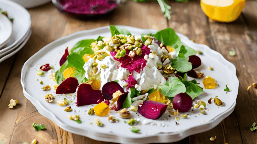 Remolachas Plant-Based com Ricota Salgada, Pistache e Chips de Alho 1 Uma explosão de sabores e texturas em um prato sofisticado e funcional Esta receita argentina de remolachas (beterrabas) assadas combina a doçura terrosa da beterraba com a cremosidade da ricota salgada plant-based, o crocante dos pistaches e a intensidade dos chips de alho. Uma entrada ou acompanhamento que impressiona tanto pelo sabor quanto pela apresentação.