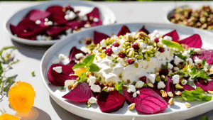 Uma explosão de sabores e texturas em um prato sofisticado e funcional Esta receita argentina de remolachas (beterrabas) assadas combina a doçura terrosa da beterraba com a cremosidade da ricota salgada plant-based, o crocante dos pistaches e a intensidade dos chips de alho. Uma entrada ou acompanhamento que impressiona tanto pelo sabor quanto pela apresentação.