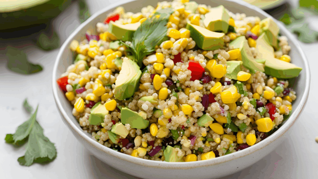 Salada de Quinoa com Milho e Abacate 1 Uma salada fresca, nutritiva e rápida de preparar, ideal para dias quentes ou como acompanhamento leve Esta salada combina a leveza da quinoa com a doçura do milho, a cremosidade do abacate e o frescor do tomate-cereja, resultando em uma explosão de sabores e texturas. Perfeita para um almoço leve, piqueniques ou como acompanhamento em jantares especiais.