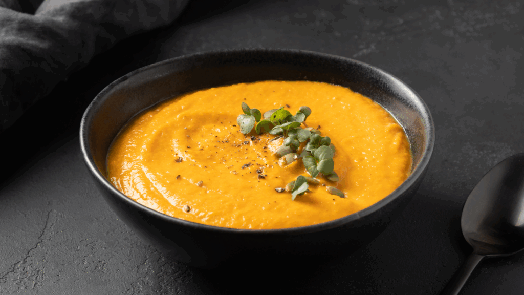 Sopa Cremosa de Abóbora com Leite de Coco e Gengibre 1 Uma opção reconfortante e funcional para noites frescas, rica em antioxidantes, fibras e gorduras saudáveis.