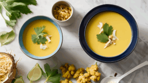 Uma explosão de sabores e nutrientes em uma sopa cremosa e reconfortante Esta sopa plant-based combina a suavidade da couve-flor com o sabor marcante do curry e a cremosidade do leite de coco. Uma opção nutritiva e funcional para aquecer o corpo e a alma.