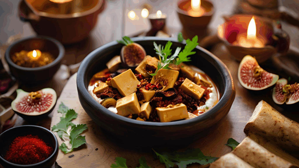 Tagine Plant-Based de Tofu com Figos e Especiarias Sichuan 1 Uma fusão aromática de sabores chineses e marroquinos em um prato funcional e reconfortante Esta receita combina a suavidade do tofu firme com a doçura dos figos secos e o toque picante e levemente entorpecente das pimentas Sichuan, tudo cozido lentamente em um tagine para realçar os sabores. Uma opção plant-based rica em proteínas e antioxidantes, perfeita para uma refeição nutritiva e cheia de sabor.