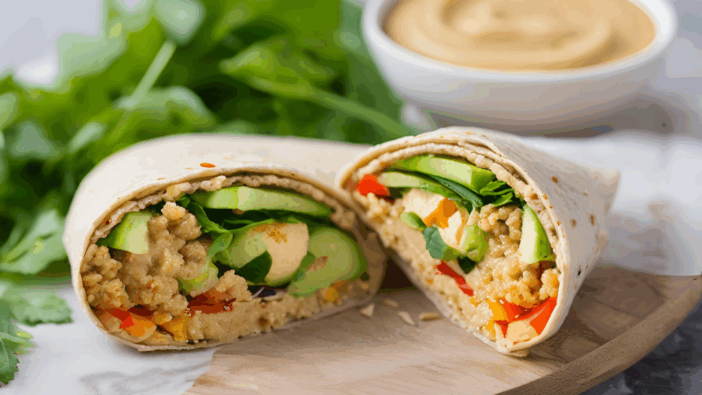Wrap Plant-Based de Quinoa com Homus 1 Um lanche rápido, nutritivo e cheio de sabor, ideal para refeições leves e práticas Este wrap combina a cremosidade do homus com a textura da quinoa, complementados por espinafre fresco e tomate. Uma opção versátil e deliciosa para qualquer momento do dia.