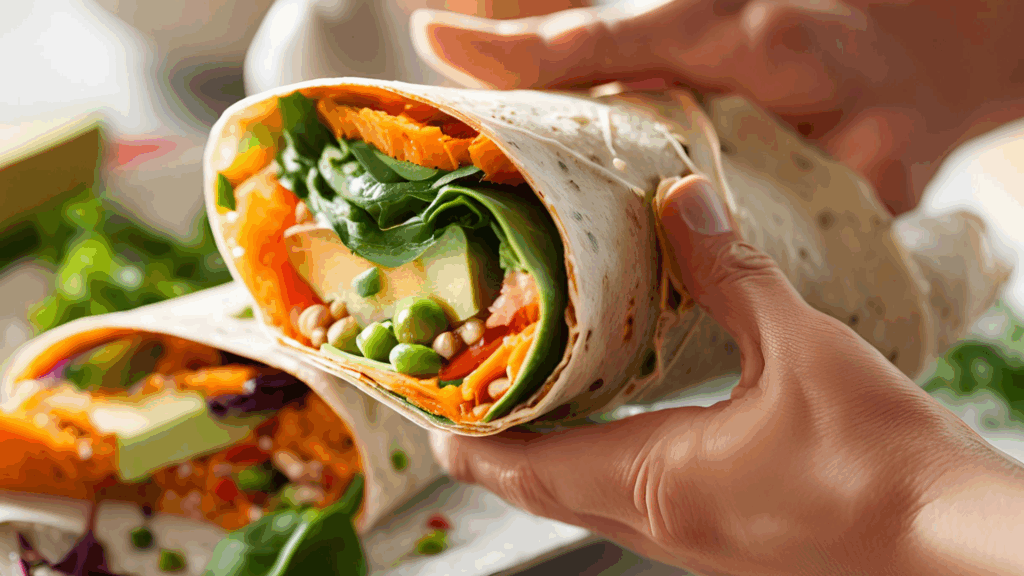 Wraps de Batata-Doce com Legumes 1 Um lanche nutritivo, prático e cheio de sabor, ideal para refeições leves e rápidas Estes wraps combinam a cremosidade do homus com a doçura da batata-doce assada, complementados por espinafre fresco, pimentão vermelho e sementes de girassol crocantes. Uma opção versátil e deliciosa para qualquer momento do dia.