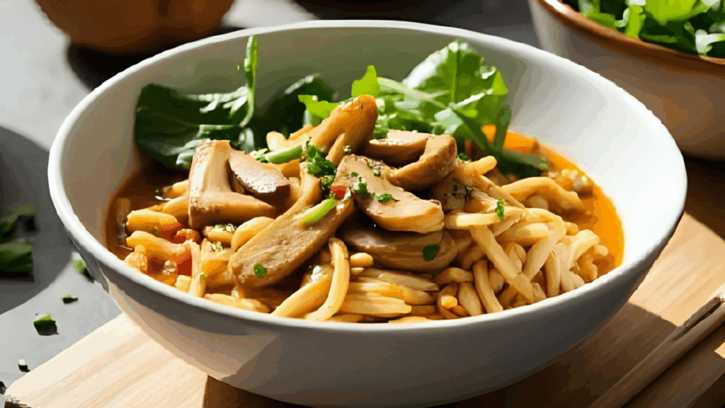 Coconut Curry Noodle Bowls Plant‑Based com Cogumelos 1 Um bowl reconfortante com toque tailandês e caldeirão único Esses bowls combinam cogumelos macios, pad thai noodles integrais, couve-flor e cenoura em tiras, tudo imerso num caldo cremoso de curry vermelho com leite de coco — perfeito para uma refeição prática, curry leve e cheia de sabor em apenas uma panela.