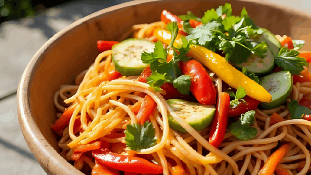 Salada Fria Plant‑Based de Noodles Picantes com Molho Soy-Limão 1 Uma explosão refrescante de textura e sabor asiático Essa salada combina noodles soba integrais frios com edamame, snow peas, repolho chinês, pimentões coloridos, abacaxi ou mamão e cogumelos shiitake, tudo envolto em um molho cítrico de soja, tahine e limão – crocante, vibrante e perfeita para dias quentes ou almoços para levar.