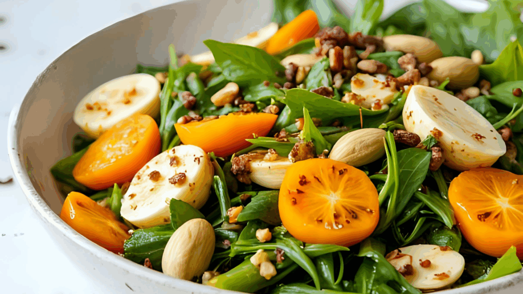 Salada Plant-Based de Aspargos Grelhados e Caqui 1 Um acompanhamento sofisticado com sabores contrastantes Essa salada traz aspargos e cebola roxa grelhados, combinados com caqui doce, tomatinhos, farro integral e amêndoas torradas, tudo envolto por um molho balsâmico com toque de maple e alho assado — elegante, nutritivo e perfeito para brunches, potlucks ou churrascos saudáveis.