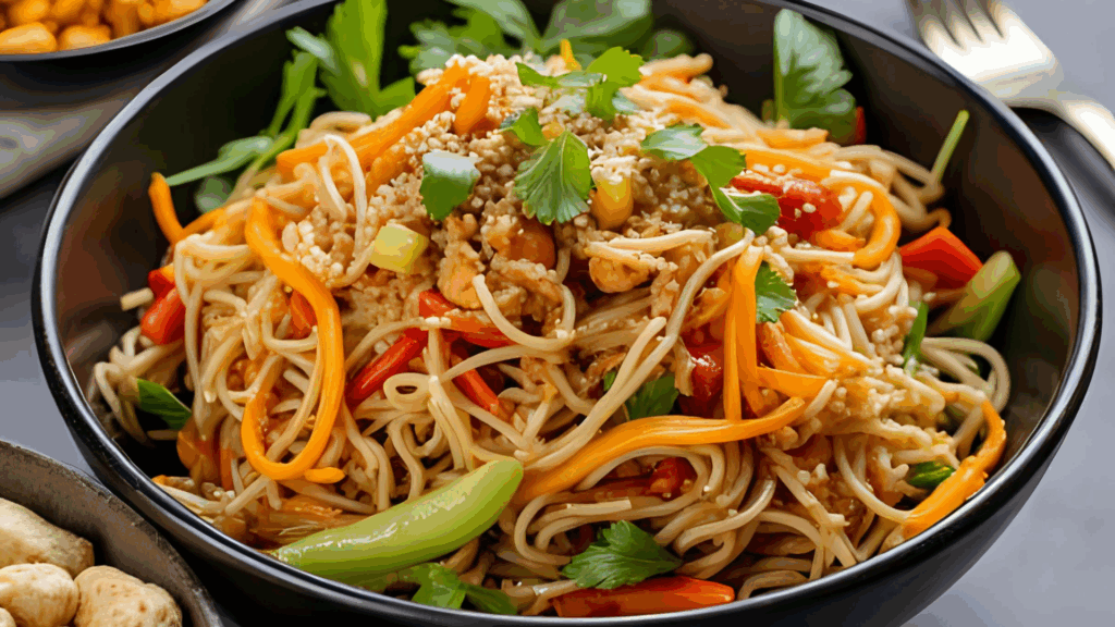 Thai Slaw Plant-Based com Ramen e Amendoim Crocante 1 Uma salada fria vibrante, cheia de textura e sabor asiático Essa slaw sem cozimento combina ramen integral crocante, edamame, repolho Napa, brócolis e cenoura, regada com um molho de limão e soja, finalizada com amendoim e coentro — perfeita para dias quentes, refeições leves, potlucks ou simplesmente um almoço colorido e nutritivo.